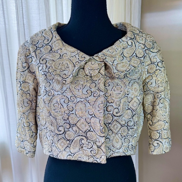 Vintage 1950s lame bolero, gold black cream brocade paisley, short jacket, 4 (S) - Picture 1 of 13